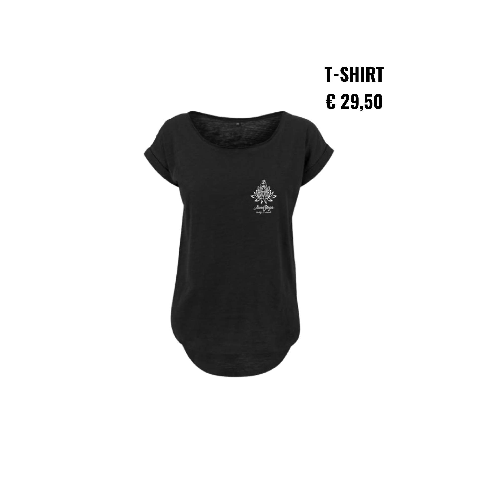 Zwart T-shirt met kleine print op de borst, prijs €29,50.