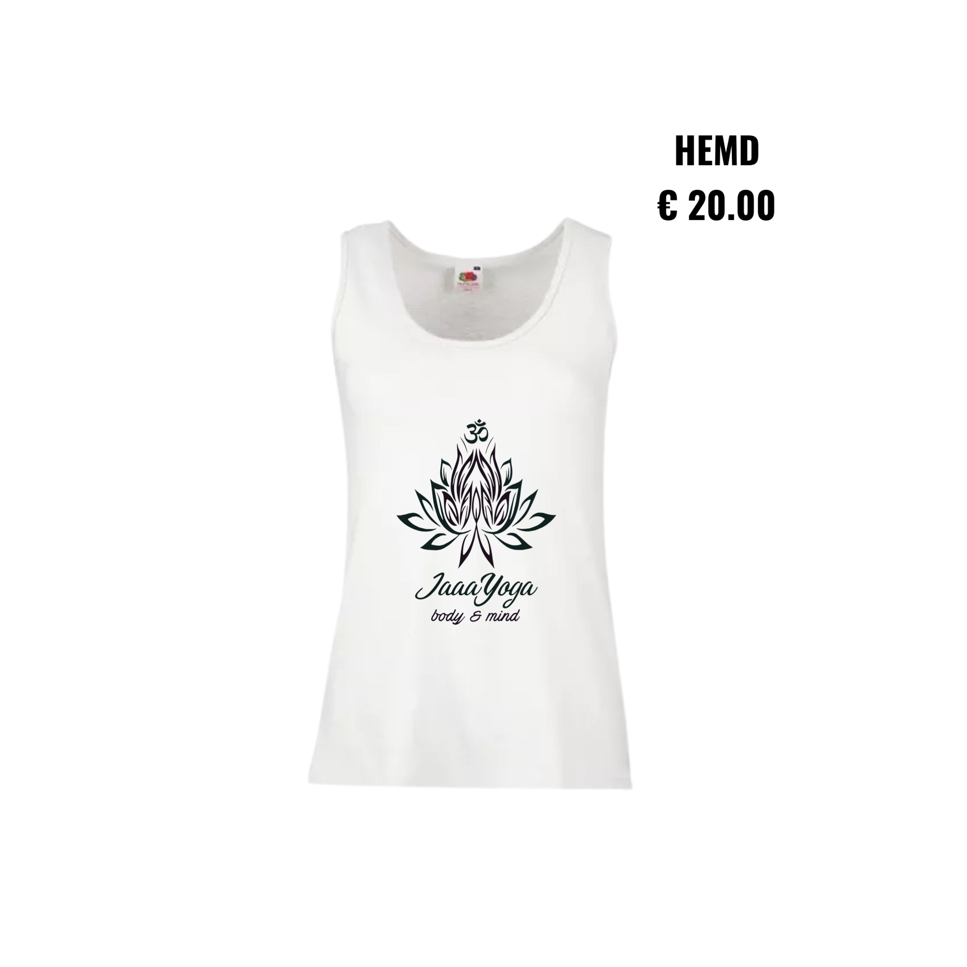 Witte mouwloze tanktop met bloemenlogo en tekst, met het label “HEMD €20.00”