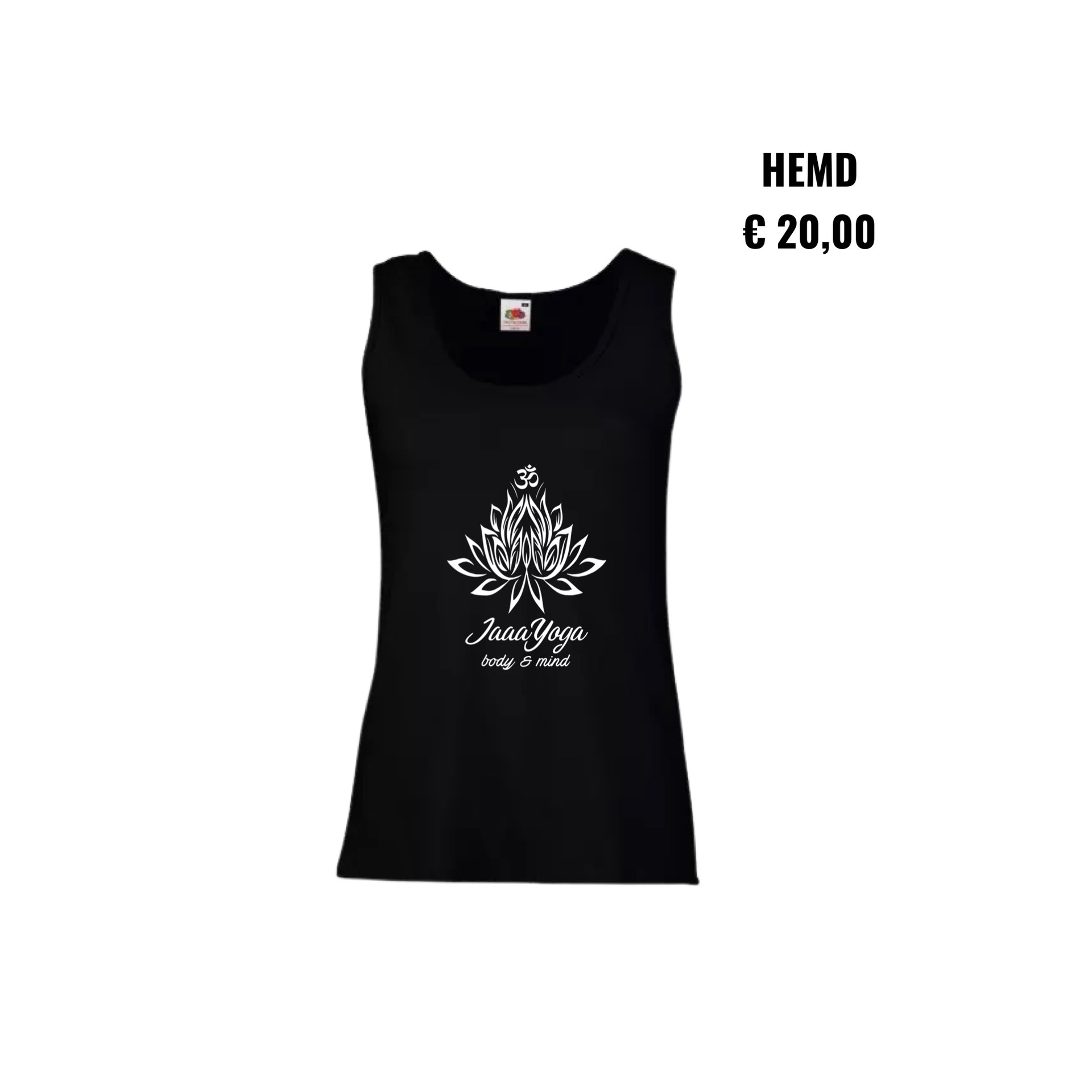 Zwarte mouwloze top met witte lotusprint, prijs €20, op een witte achtergrond.