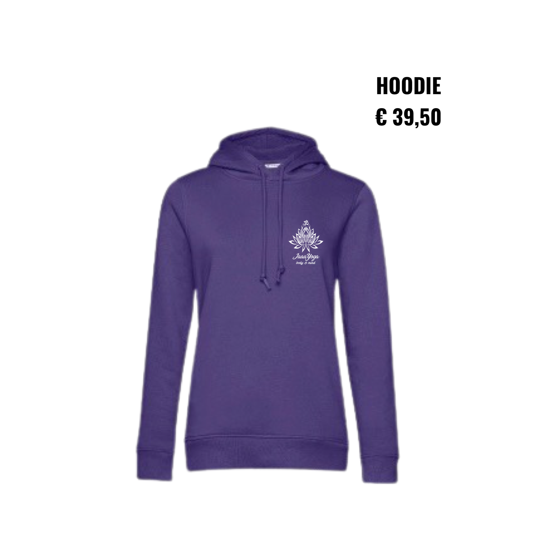 Paarse hoodie met logo op de voorkant, met opschrift “HOODIE € 39,50”