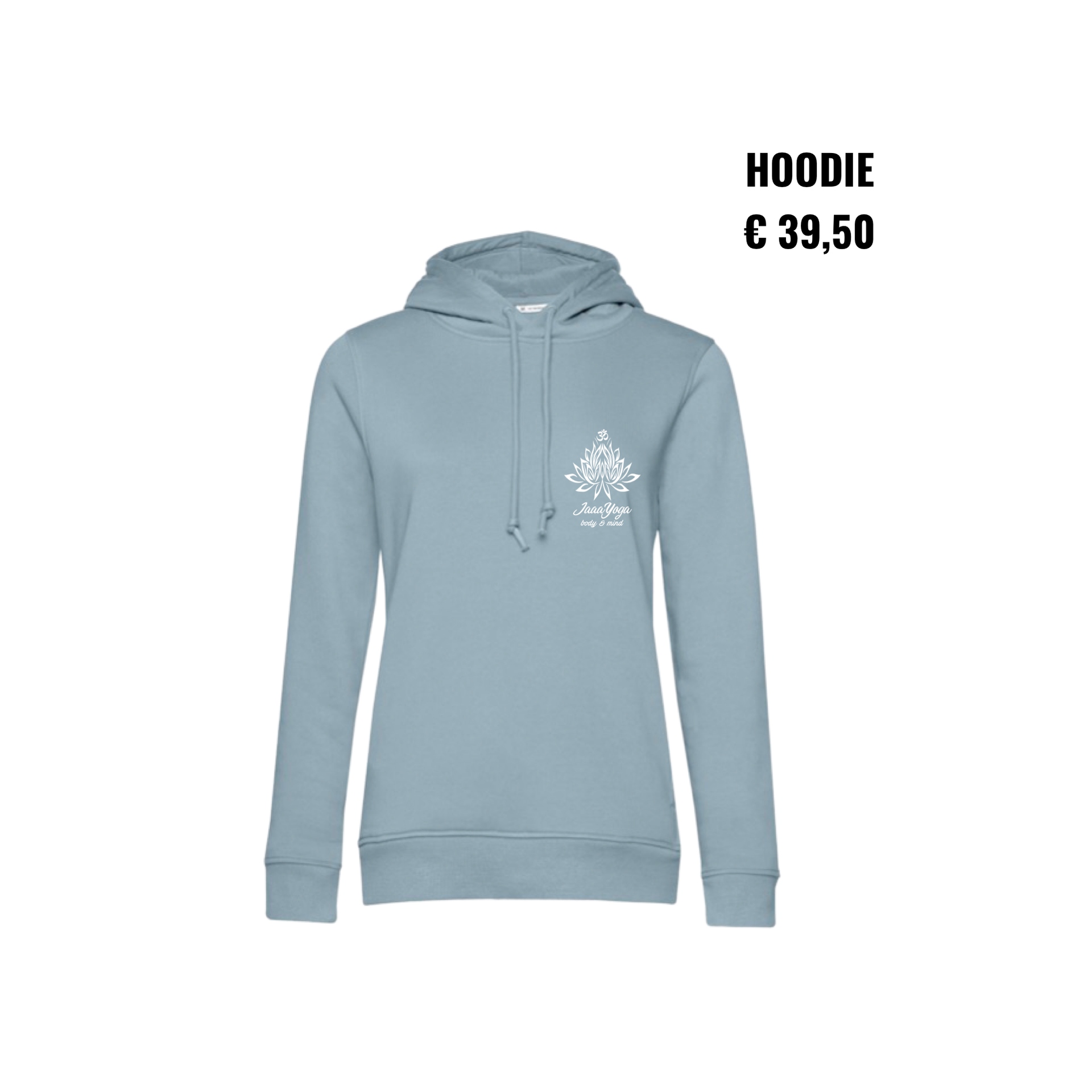 Lichtblauwe hoodie met print op de voorkant en trekkoordjes, prijs €39,50.