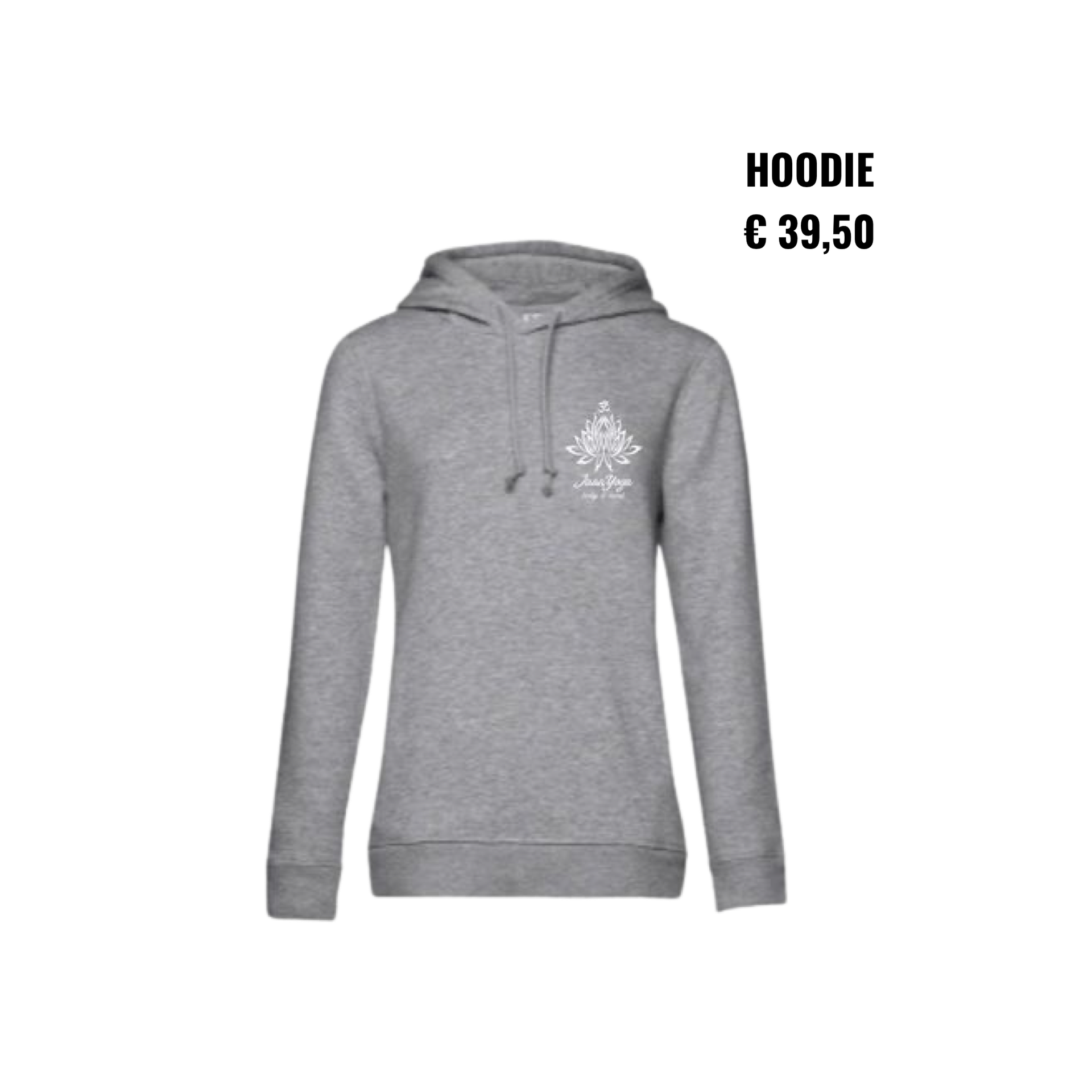 Grijze hoodie met logo op de voorkant, met het opschrift 