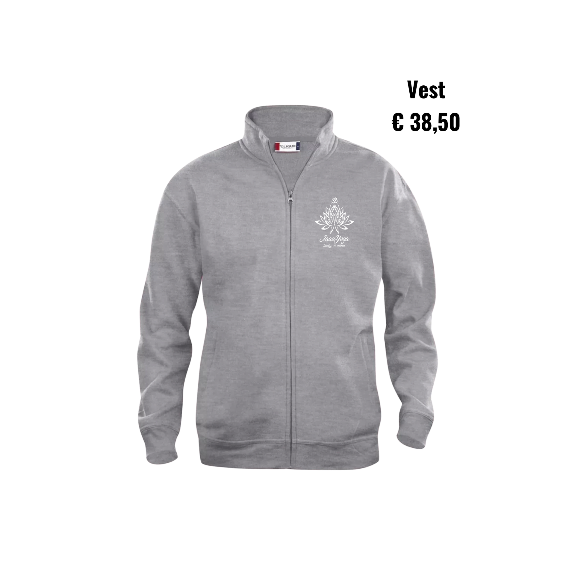 Grijze hoodie met ritssluiting, een wit logo en de prijsaanduiding 