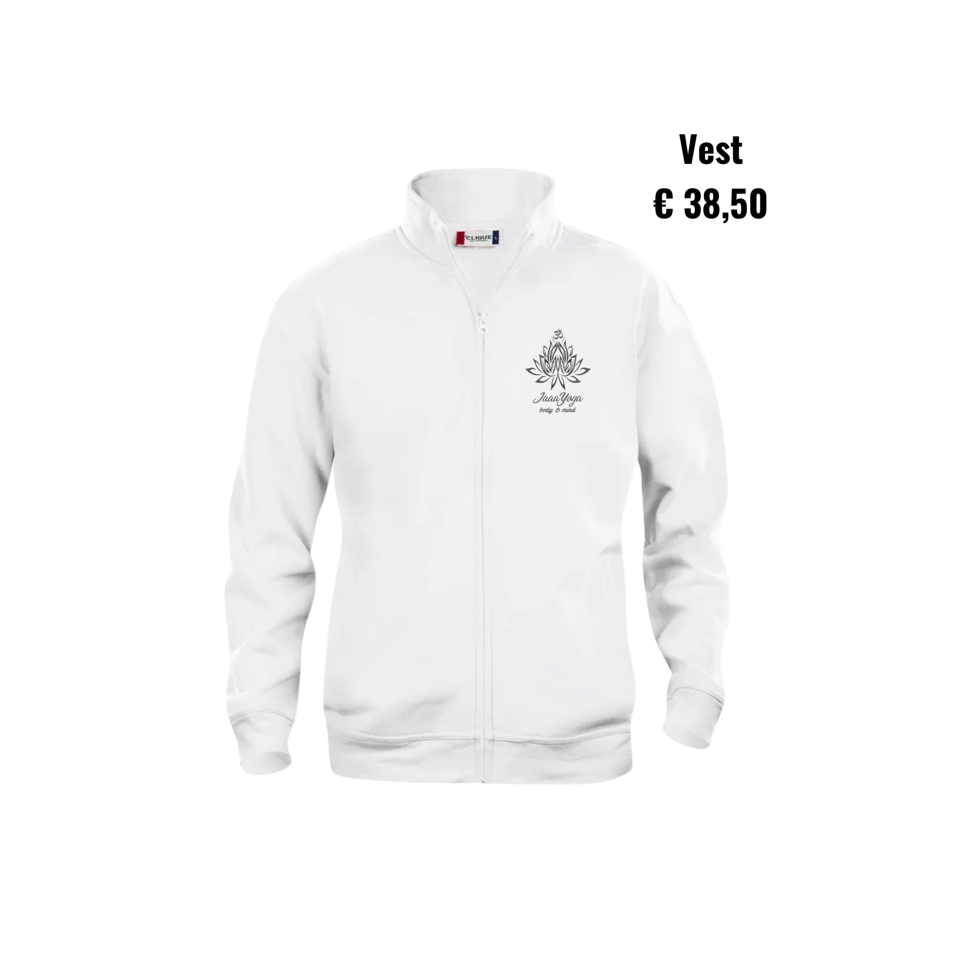 Wit vest met ritssluiting en klein logo, met opschrift “Vest € 38,50”