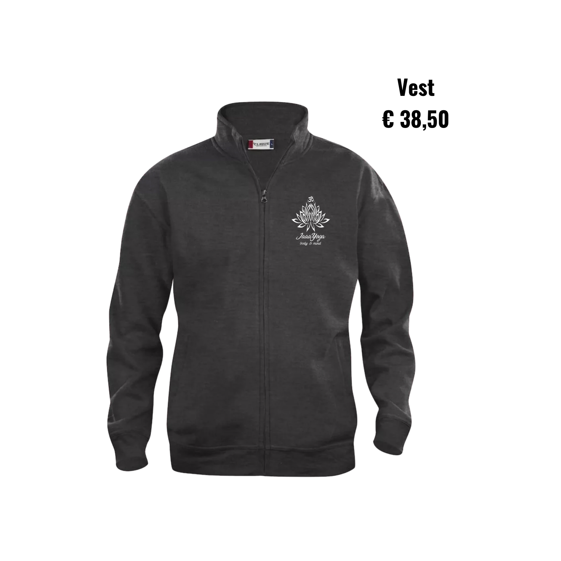 Zwart vest met ritssluiting en klein wit logo, prijs €38,50