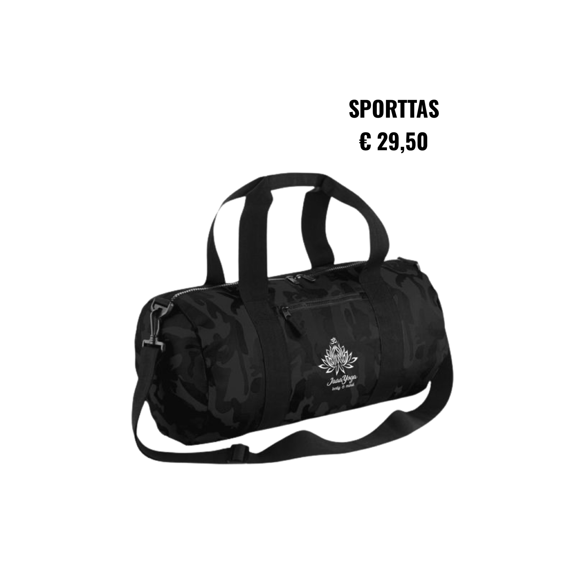 Zwarte sporttas met schouderriem, met opschrift “SPORTTAS €29,50” op een witte achtergrond.