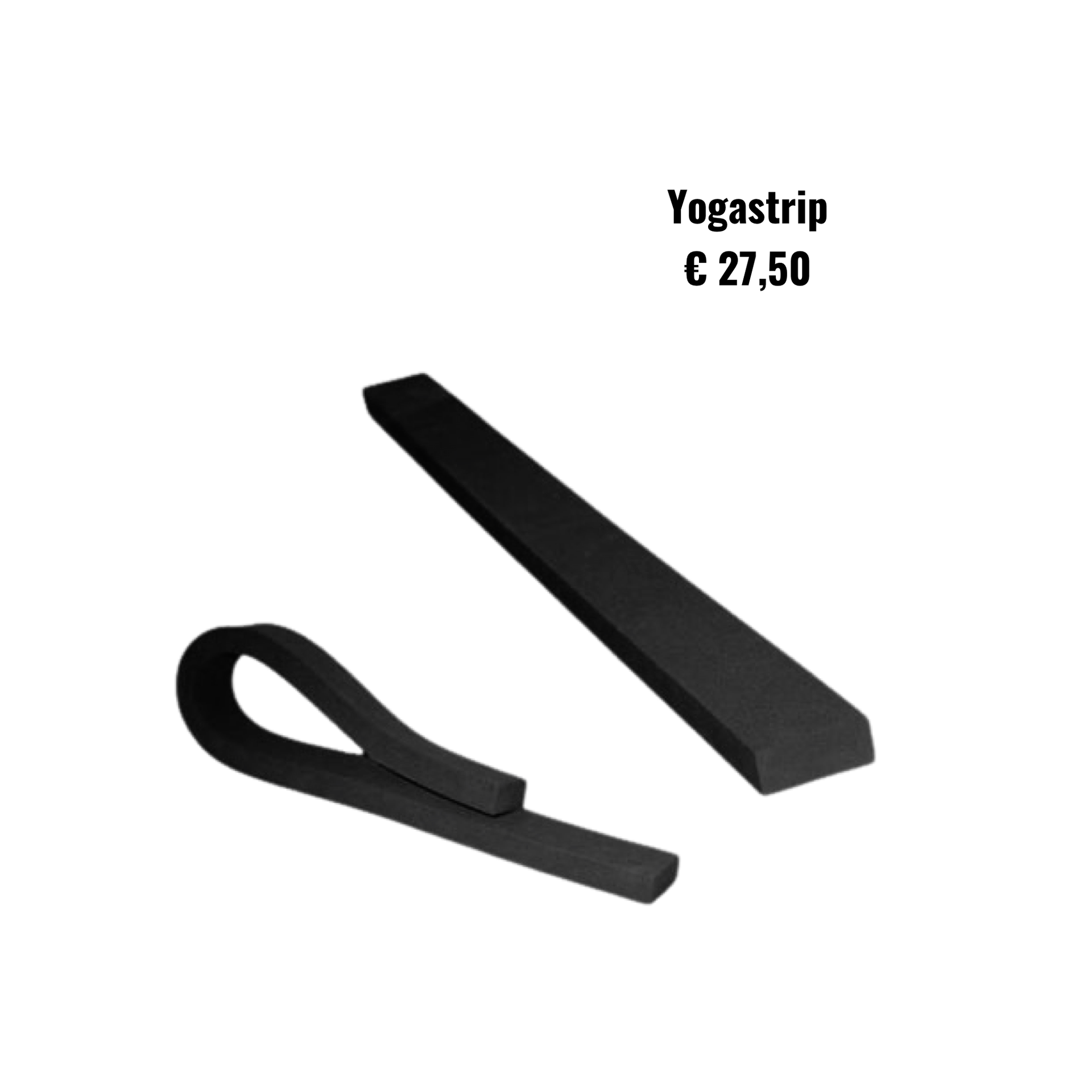 Zwarte yogaband en -blok, met opschrift “Yogastrip €27,50” op een witte achtergrond.