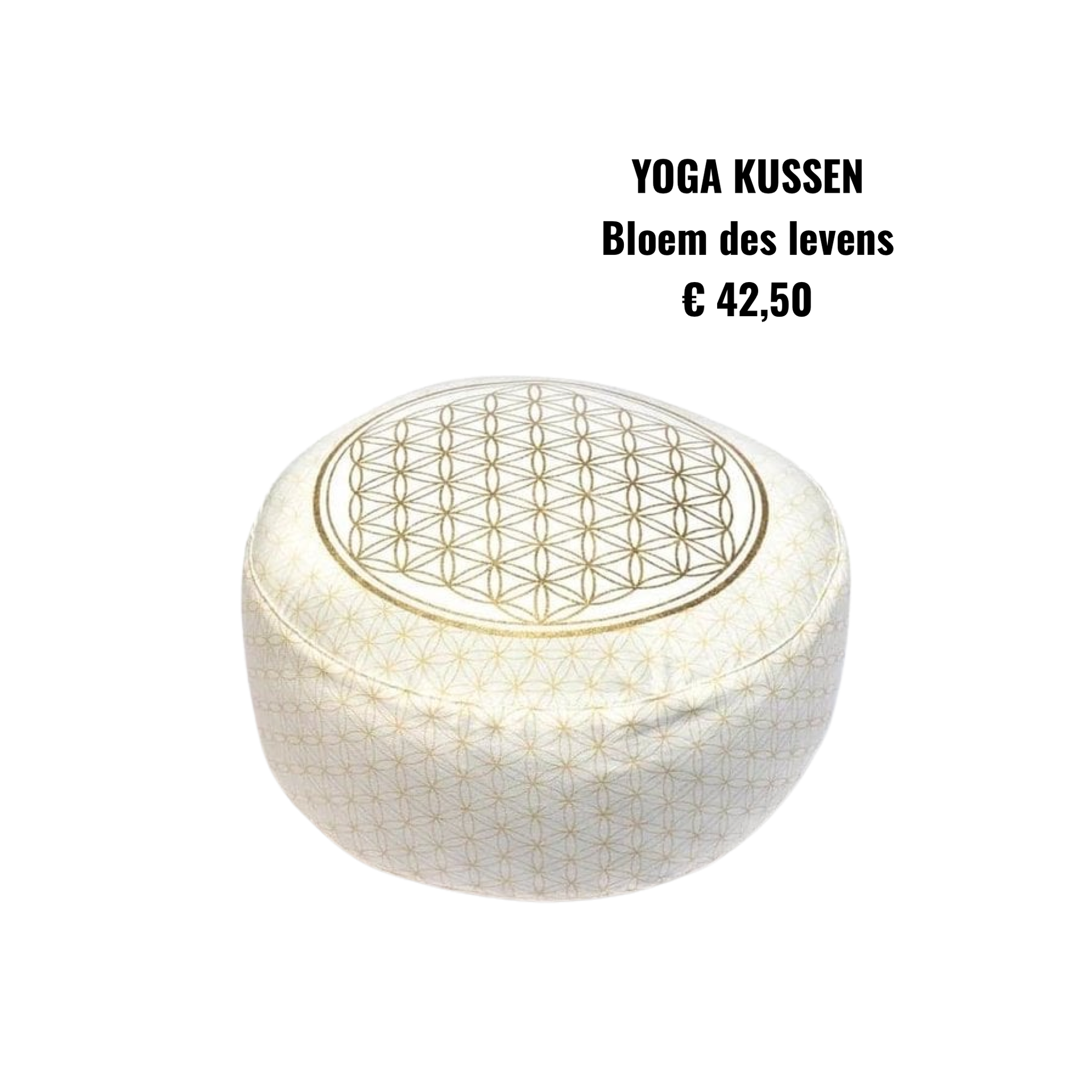 White yoga cushion with floral pattern, labeled “YOGA KUSSEN Bloem des levens € 42,50”