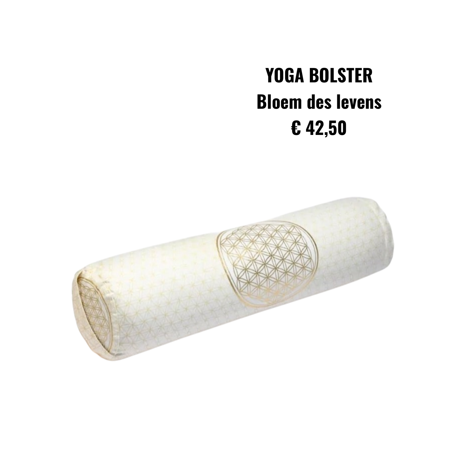 Witte yogabolster met geweven middenstuk, met opschrift “Bloem des levens”, geprijsd op €42,50.