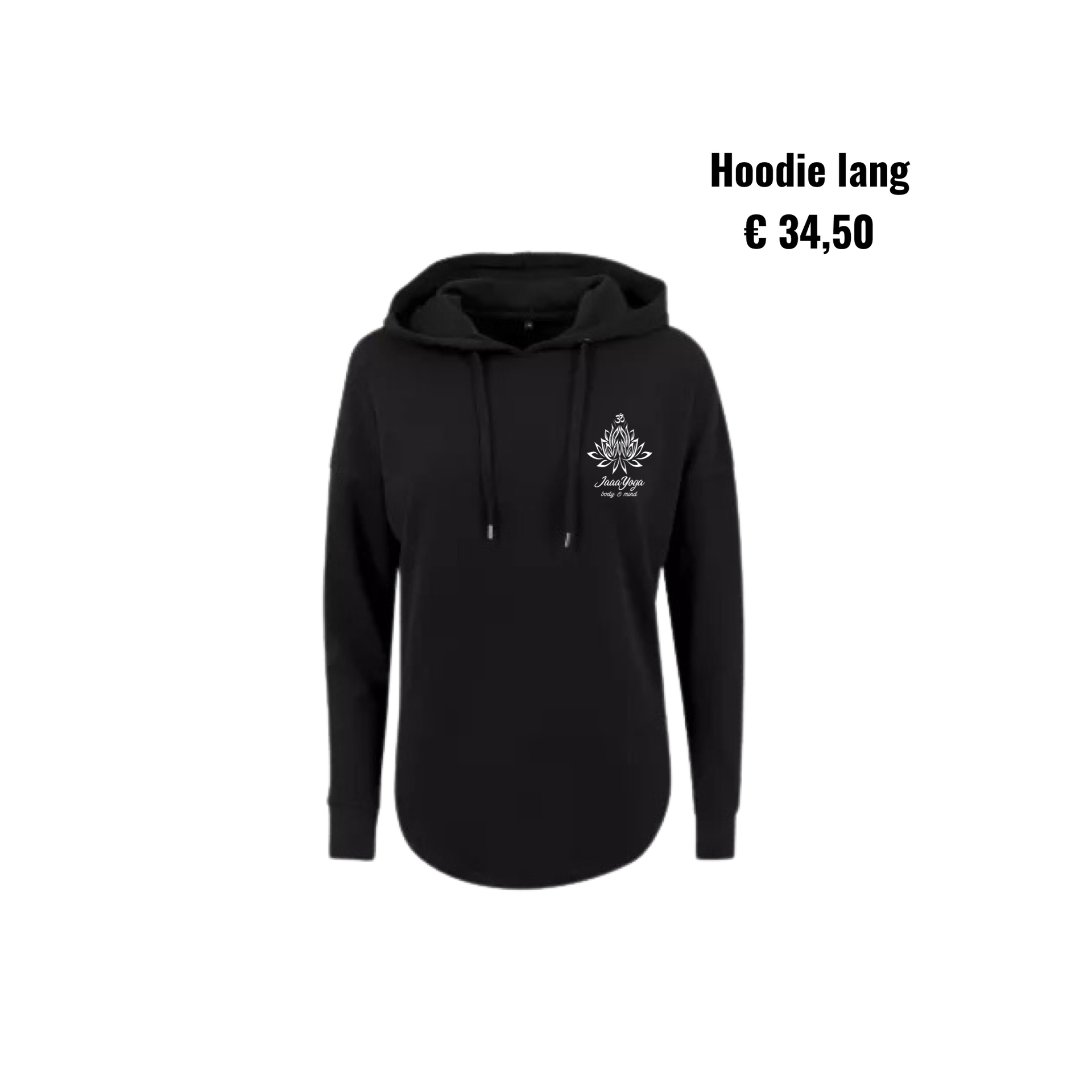 Zwarte hoodie met voorzak en witte print op de borst, afgebeeld met prijskaartje €34,50