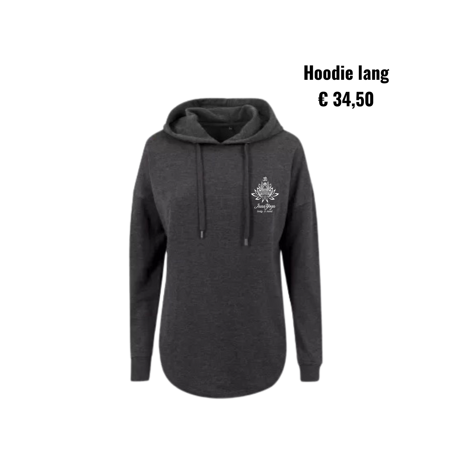 Donkergrijze hoodie met trekkoord en print op de voorkant, afgebeeld op een witte achtergrond, prijs €34,50