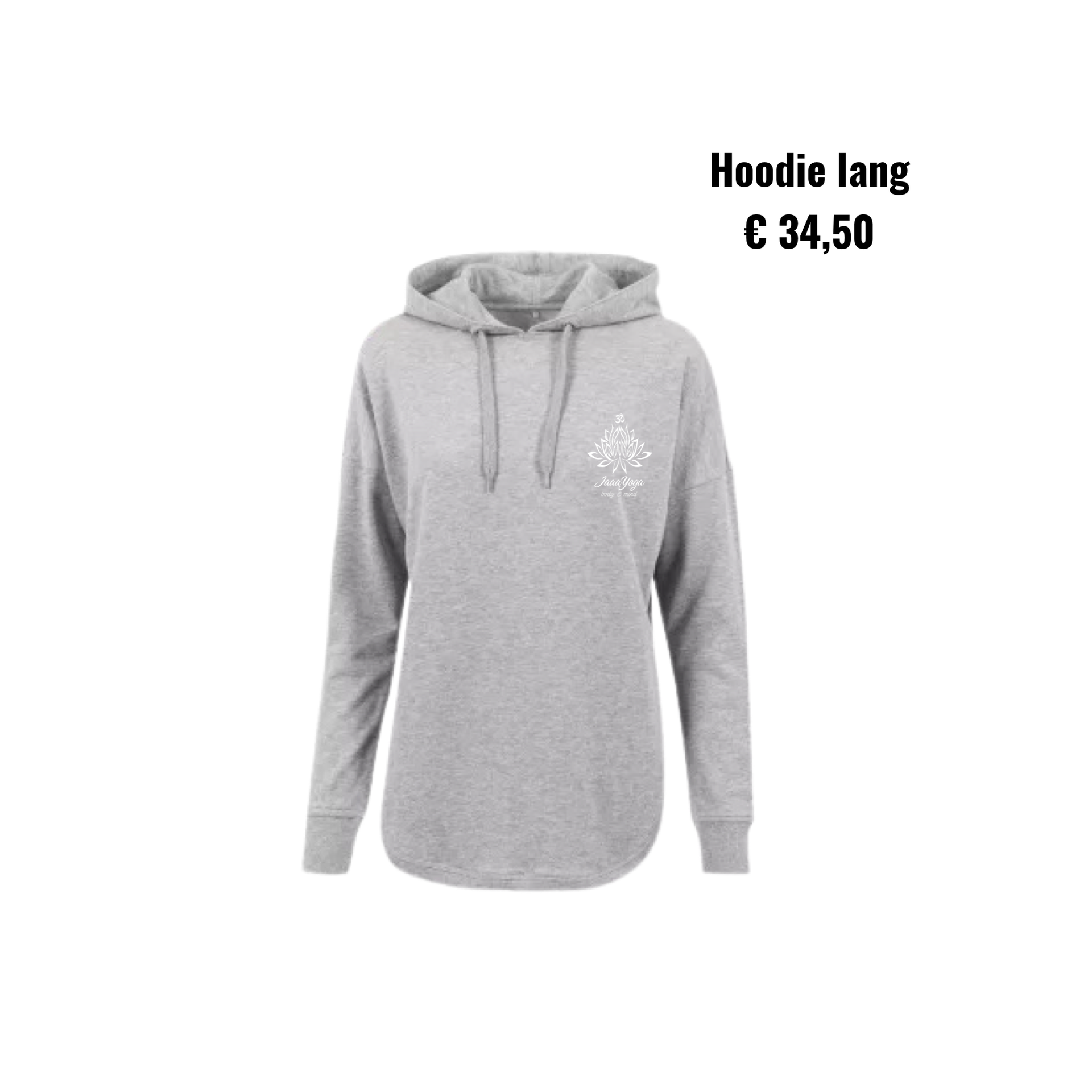 Grijze lange hoodie met capuchon met trekkoord, afgebeeld met de tekst 