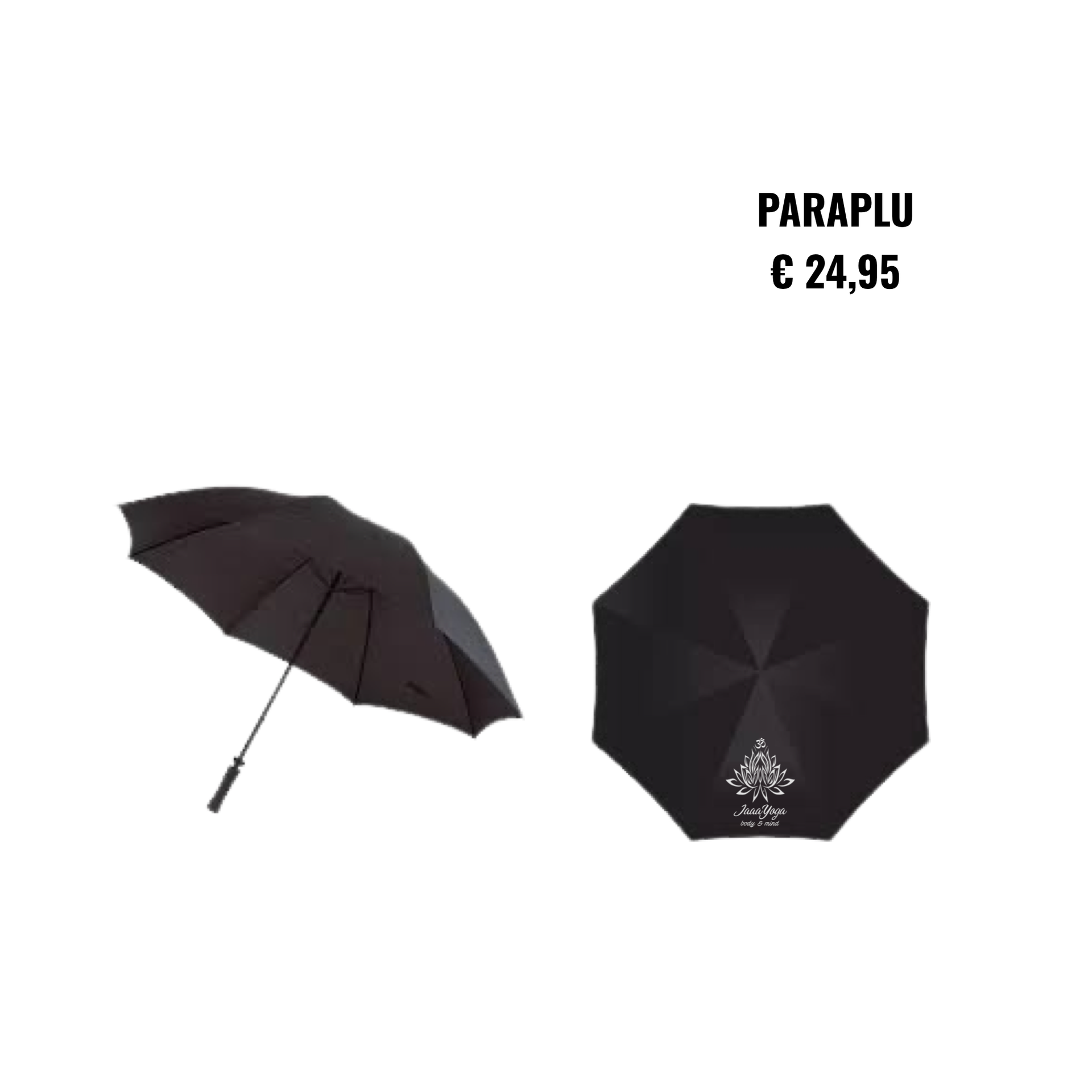 Zwarte paraplu, zowel open als gesloten afgebeeld, met prijs €24,95.
