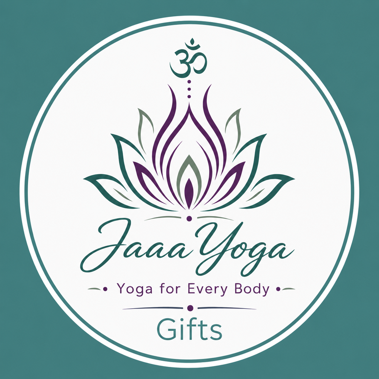 Het logo van Jaaa Yoga Gifts met een lotusbloem, het Om-symbool en de tekst