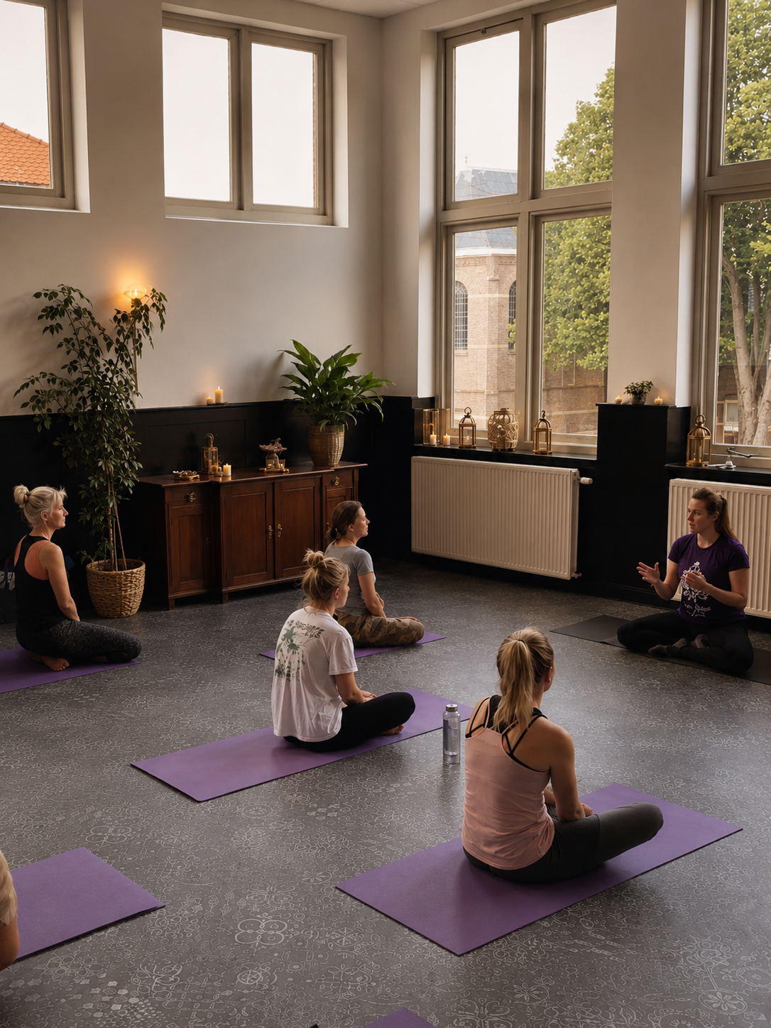 Mensen zitten op paarse matten in een lichte yogastudio en mediteren tijdens een groepsles.