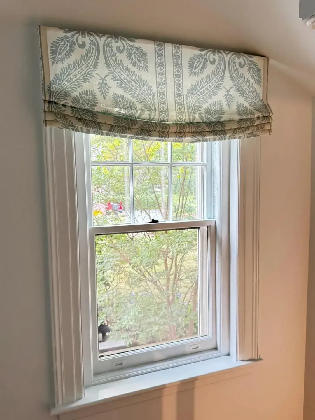 Window with white trim and a patterned valance, looking out onto leafy trees.