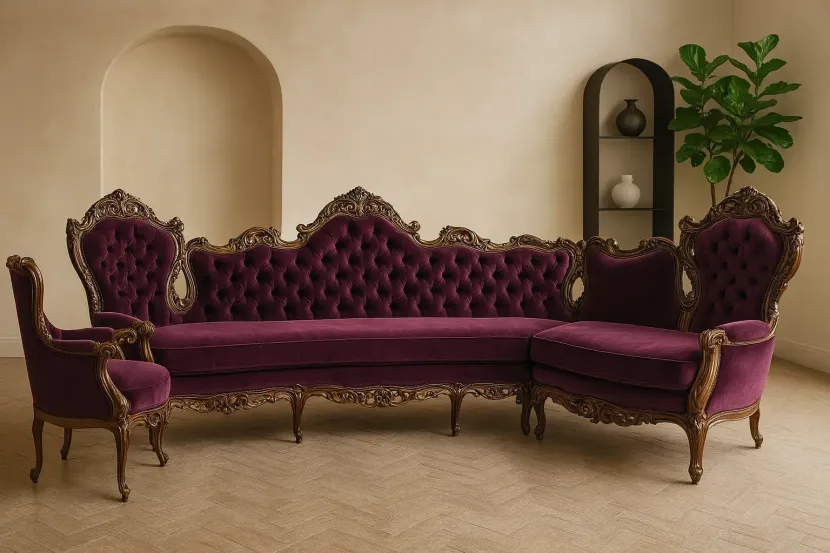 Ornate burgundy velvet sectional sofa in a beige room with arched niche and potted plant