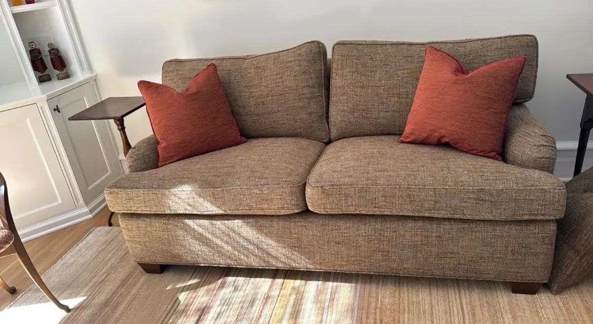 Beige sofa with two rust-colored pillows in a bright living room, beside a white cabinet and a rug.