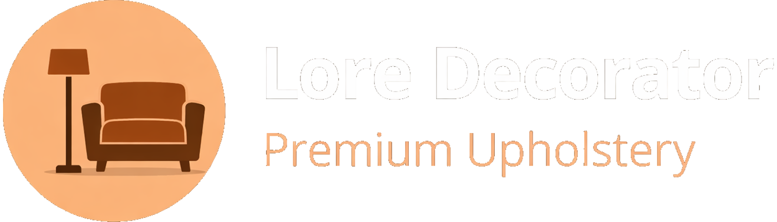 Logo with a brown armchair and lamp on a peach circle, reading “Premium Upholstery”