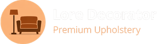 Logo with a brown armchair and lamp on a peach circle, reading “Premium Upholstery”