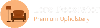 Logo with a brown armchair and lamp on a peach circle, reading “Premium Upholstery”