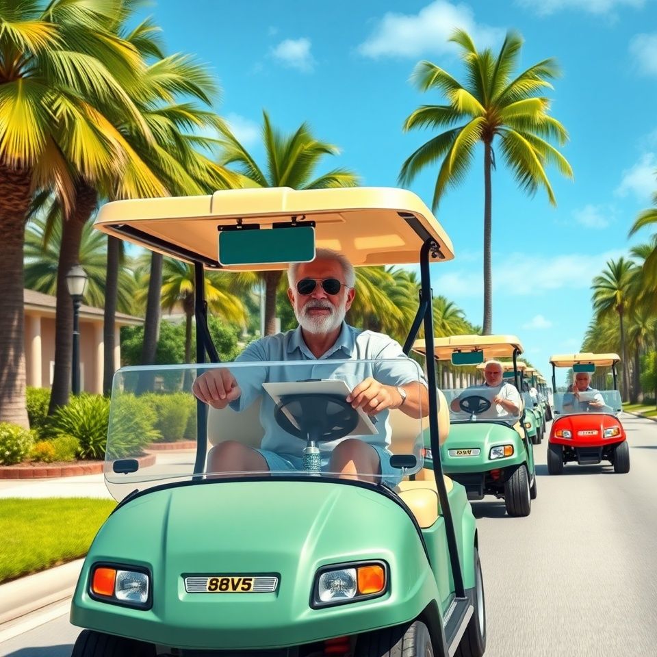Golf carts in a sunny street with palm trees.  Senior man drives the lead cart, others follow.