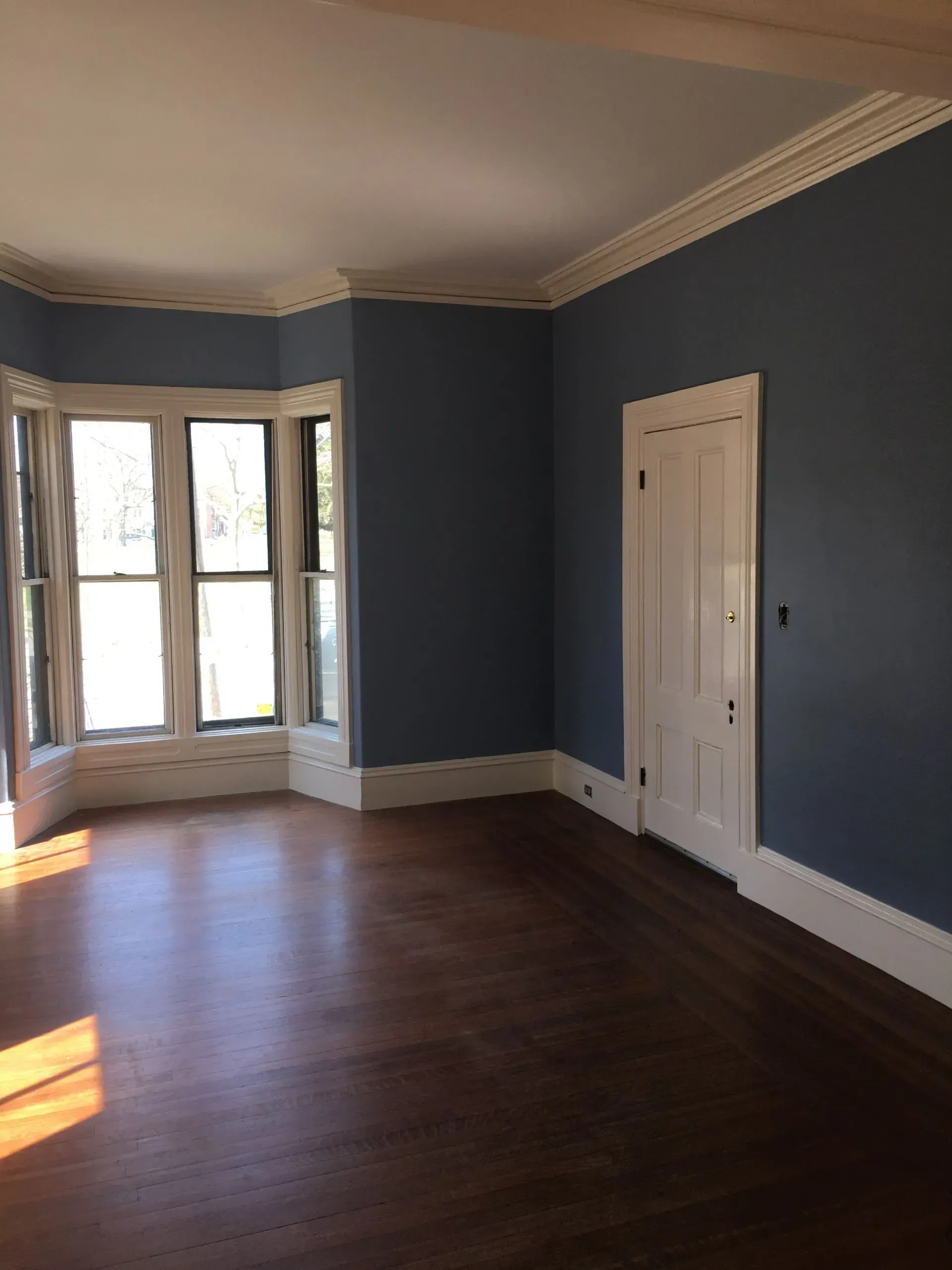 Empty room with blue walls, dark wood floor, bay window, and white closet door