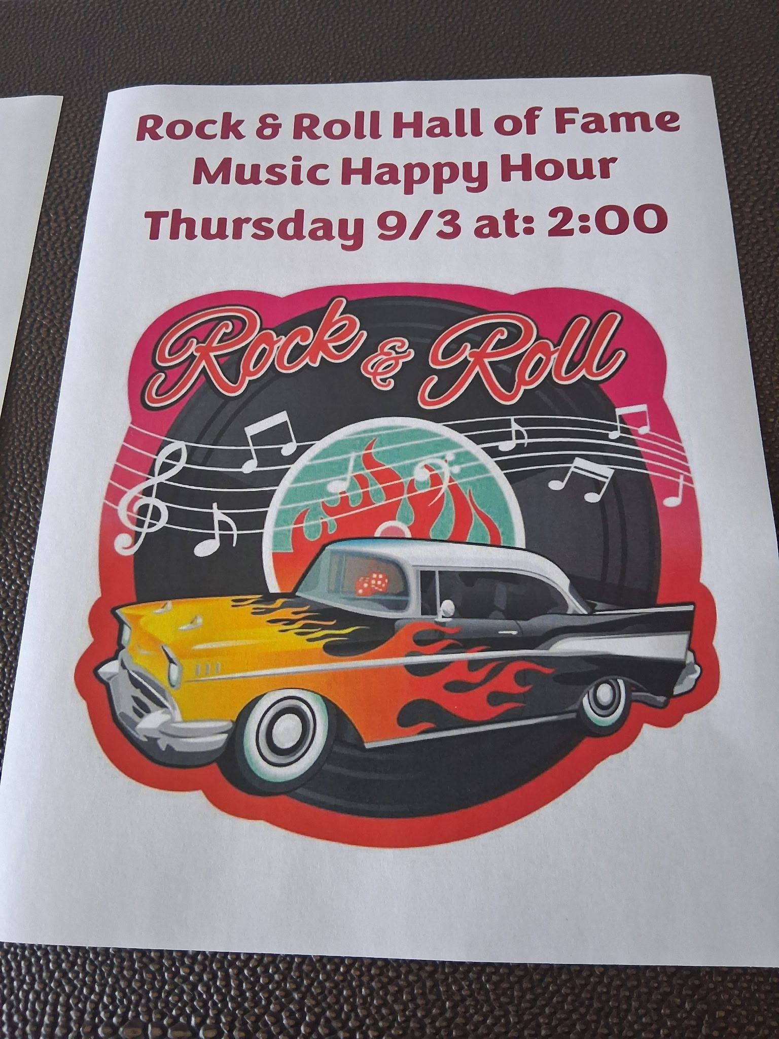 Rock & Roll Hall of Fame Music Happy Hour poster with retro car graphic and red text on white background