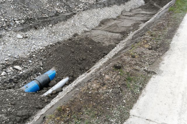Un tubo blu giace nella terra vicino a un marciapiede.