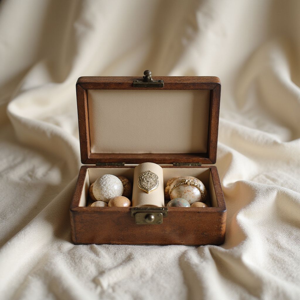 Wooden jewelry box open, beige interior, containing two jeweled spheres and a cylindrical object.