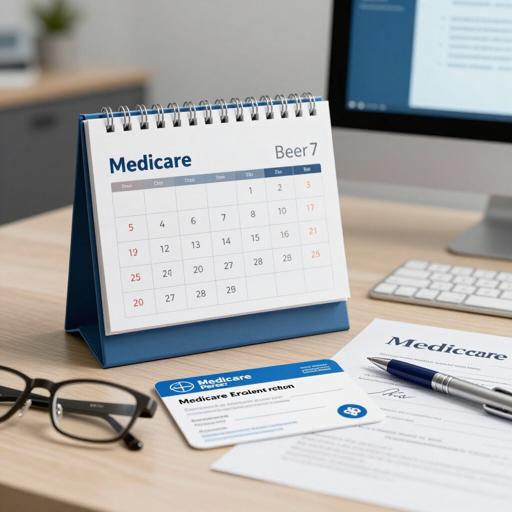Medicare desk calendar with paperwork, eyeglasses, and a pen on a desk