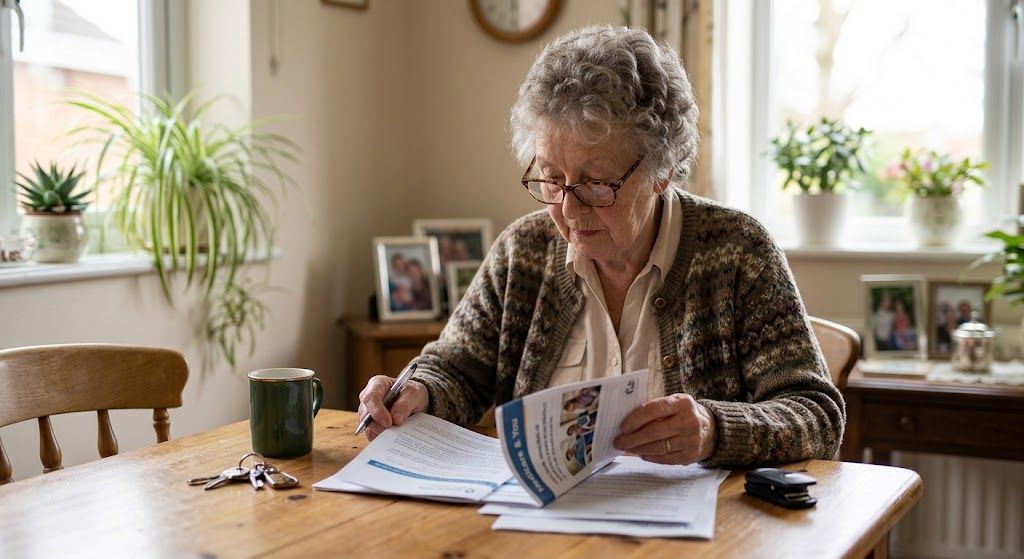 Person writing at a wooden table by a bright window, with papers, a mug, and a phone nearby.