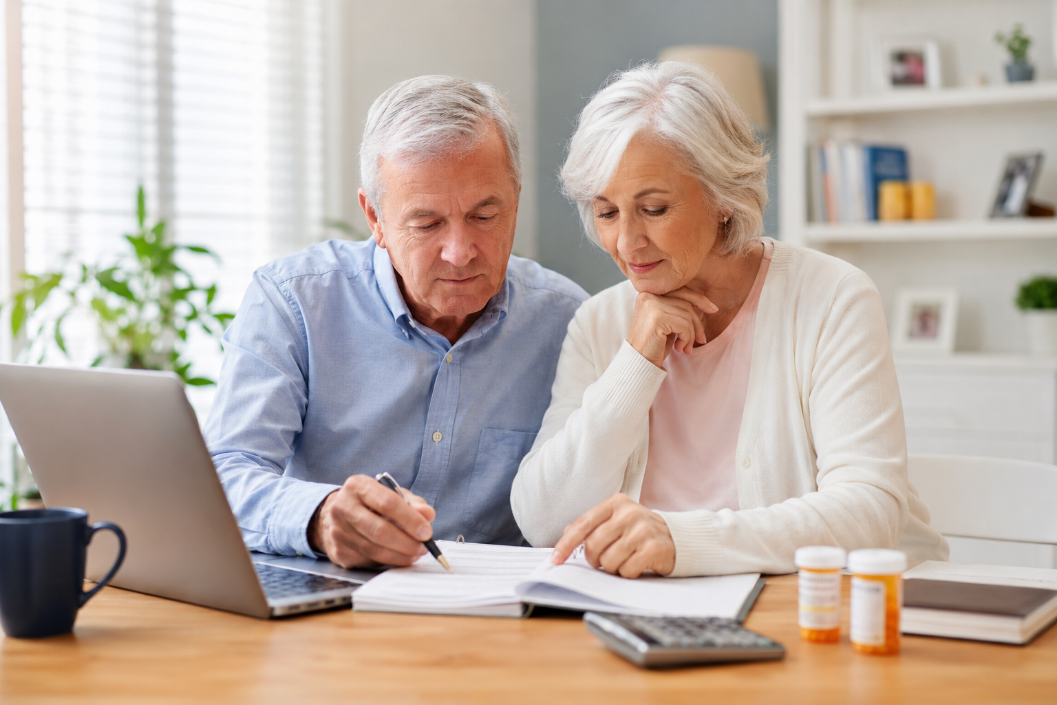 Two people reviewing papers at a kitchen table with a laptop, calculator, and pill bottles.