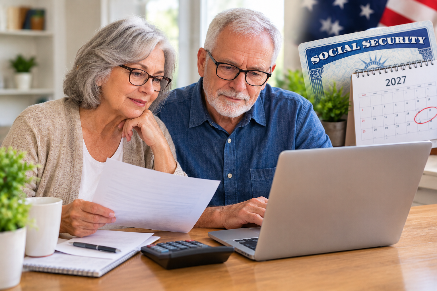 Couple reviewing bills beside a laptop and calculator with a Social Security calendar in the background