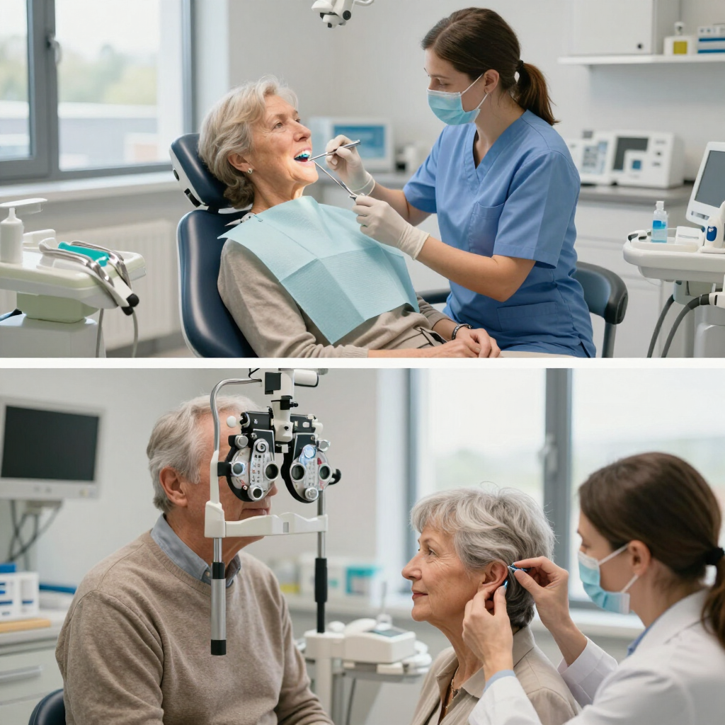 Dental exam with a patient in a chair and two clinicians adjusting equipment and fitting a hearing device