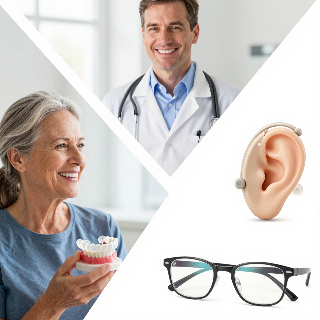 Dentist and smiling patient with denture, plus ear and eyeglasses icons on white background