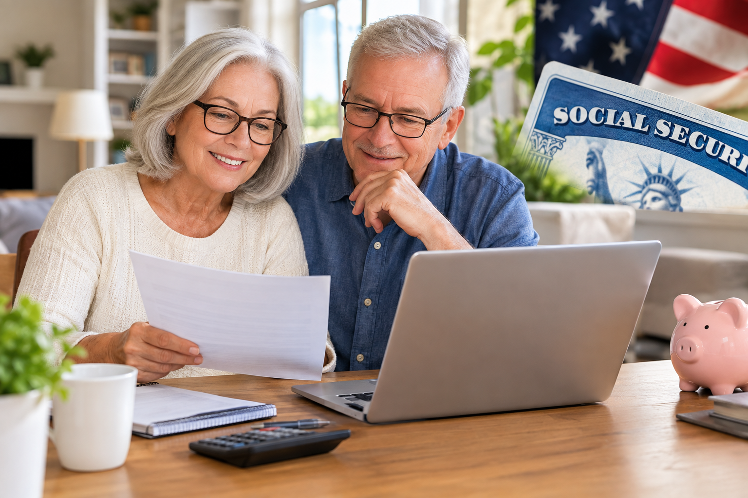 Couple reviewing paperwork at a table with a laptop, piggy bank, and Social Security sign in the background