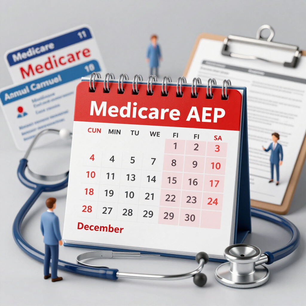 Medicare AEP calendar with stethoscope, clipboard, and insurance cards on a medical desk