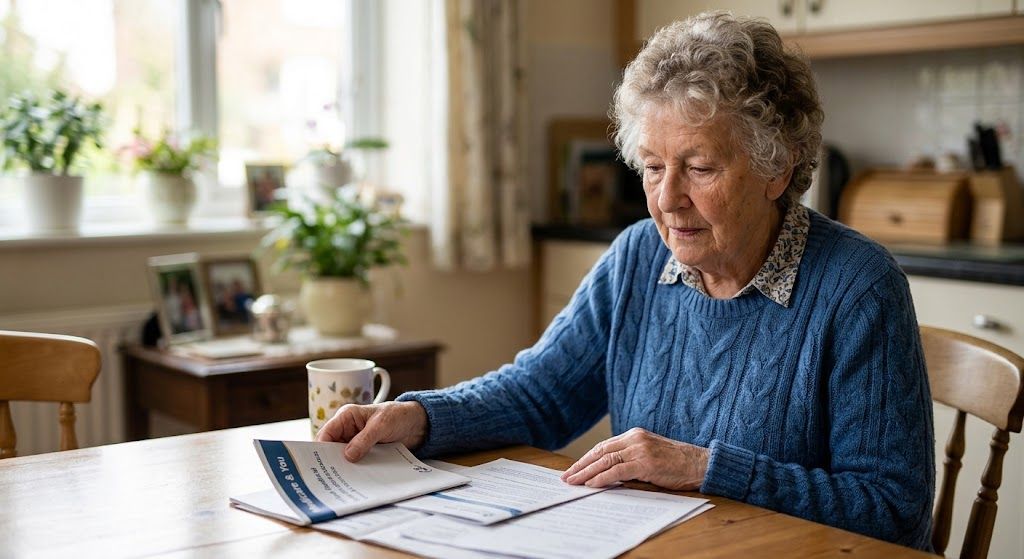 Woman in a blue sweater writing on papers at a wooden table in a bright kitchen