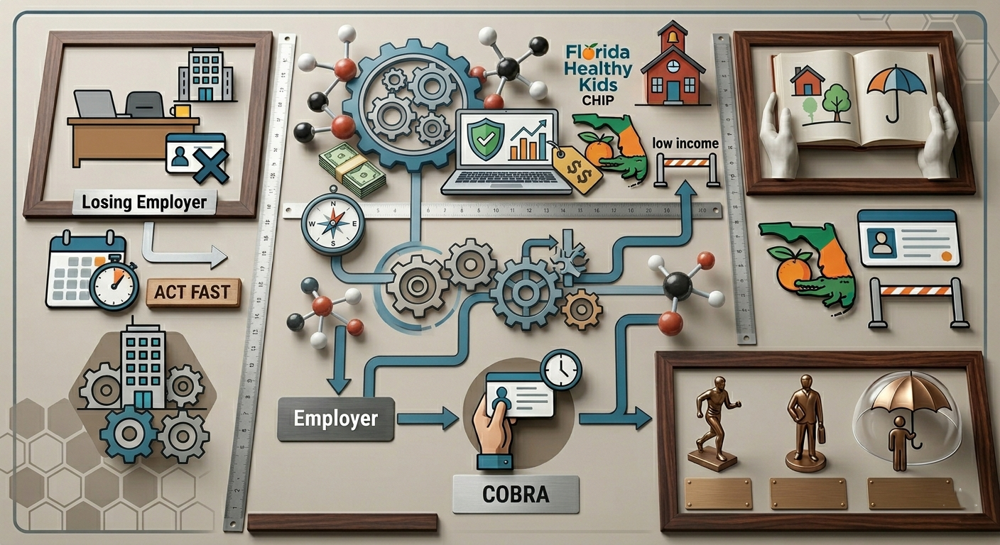 Infographic of an AI/HR workflow with gears, screens, employee icons, and office items in beige and blue.
