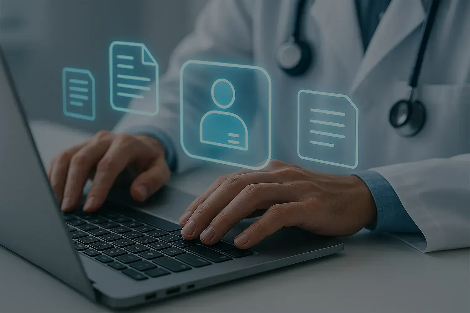 Doctor typing on a laptop with floating digital patient and document icons.