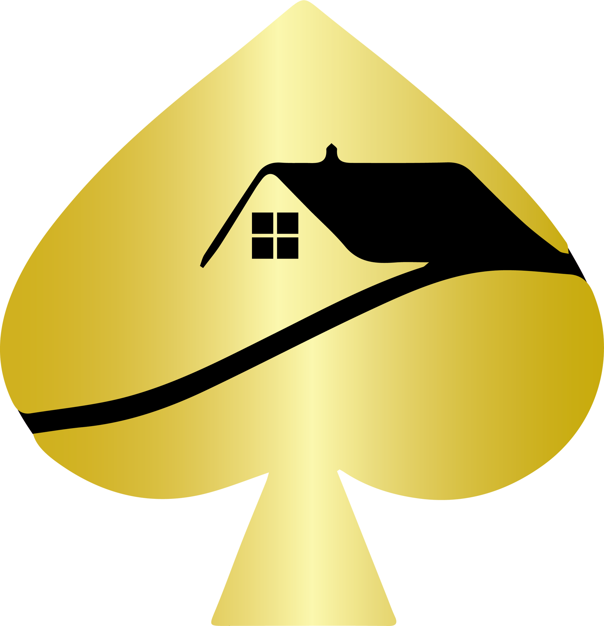 a gold spade with a black house on it
