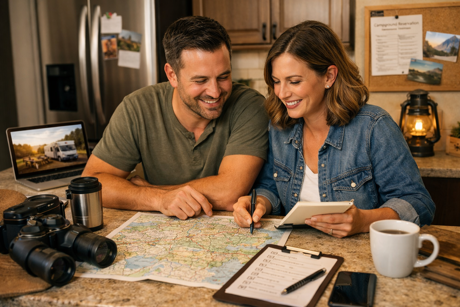 Family of four smiling and roasting marshmallows by a campfire near their white RV.