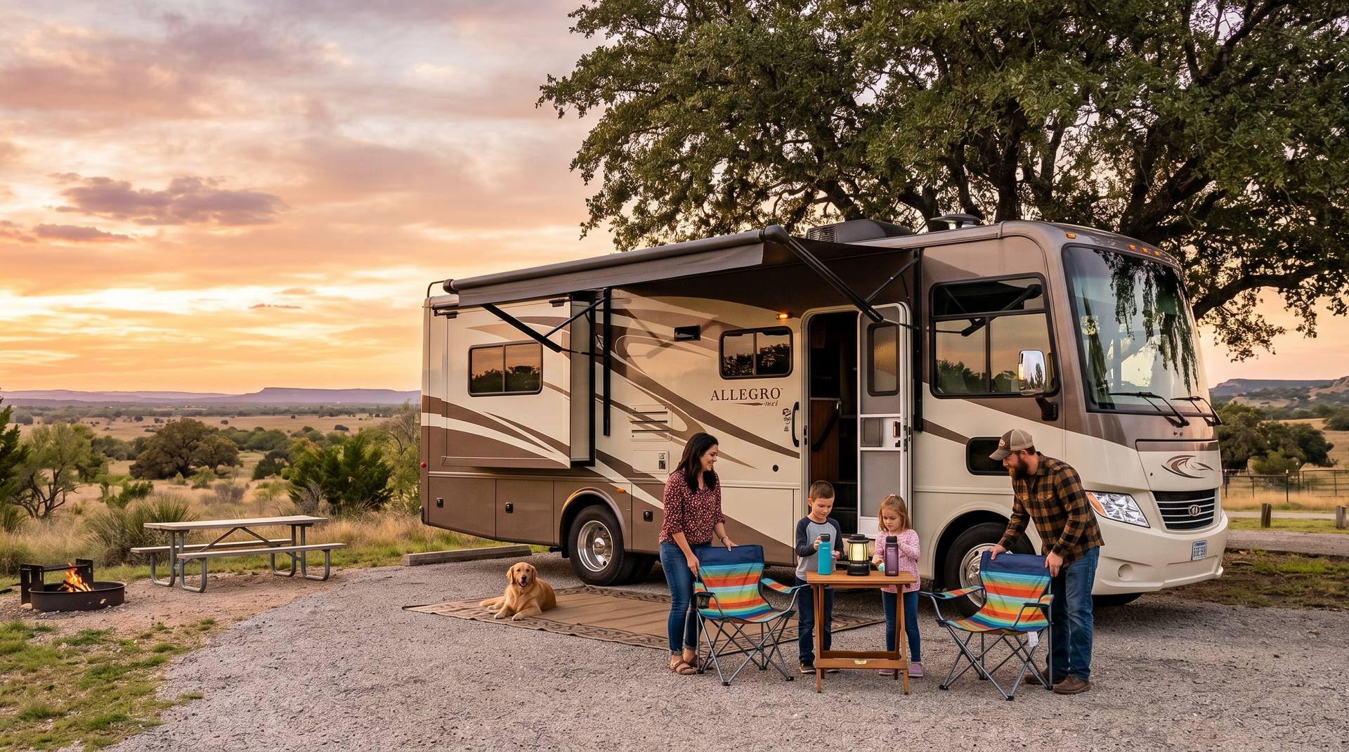 RV campsite at sunset with people seated outside under an awning