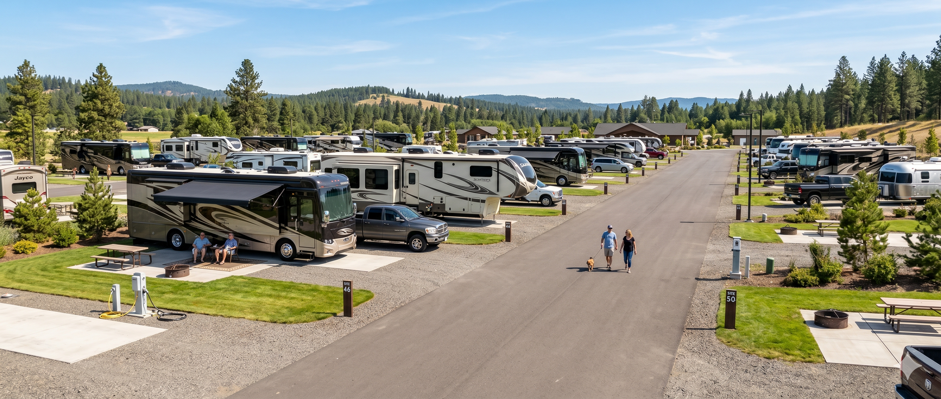 RV campground with parked campers and a few people walking along a wide road under a clear sky