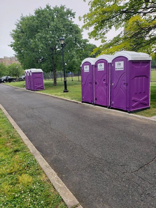 Row of purple portable toilets along a paved path beside trees and grass in a park