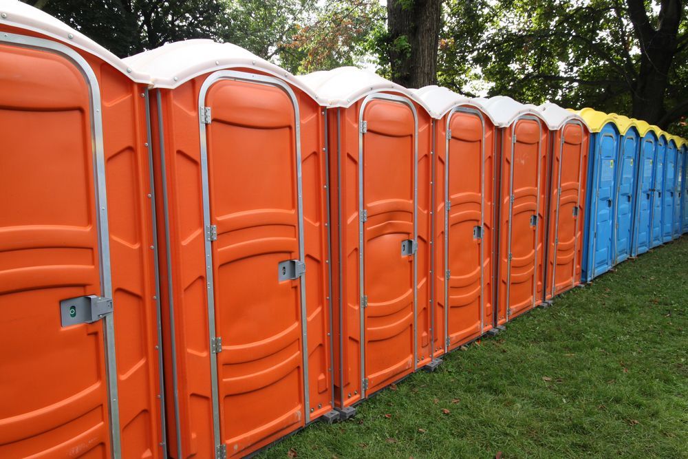 Row of orange and blue portable toilets lined up along a grassy path outdoors