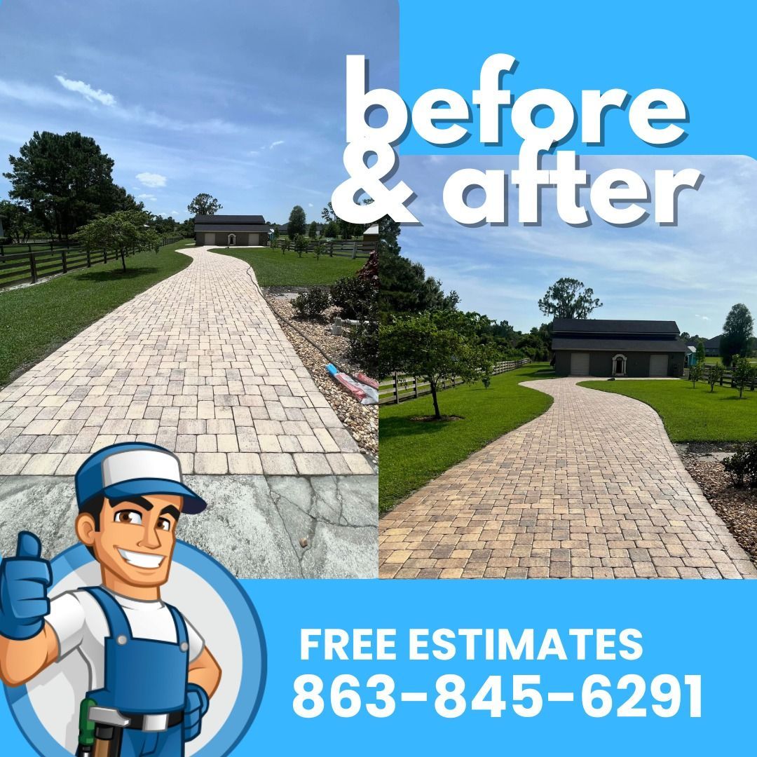 Before and after comparison of a brick paver driveway cleaning.
