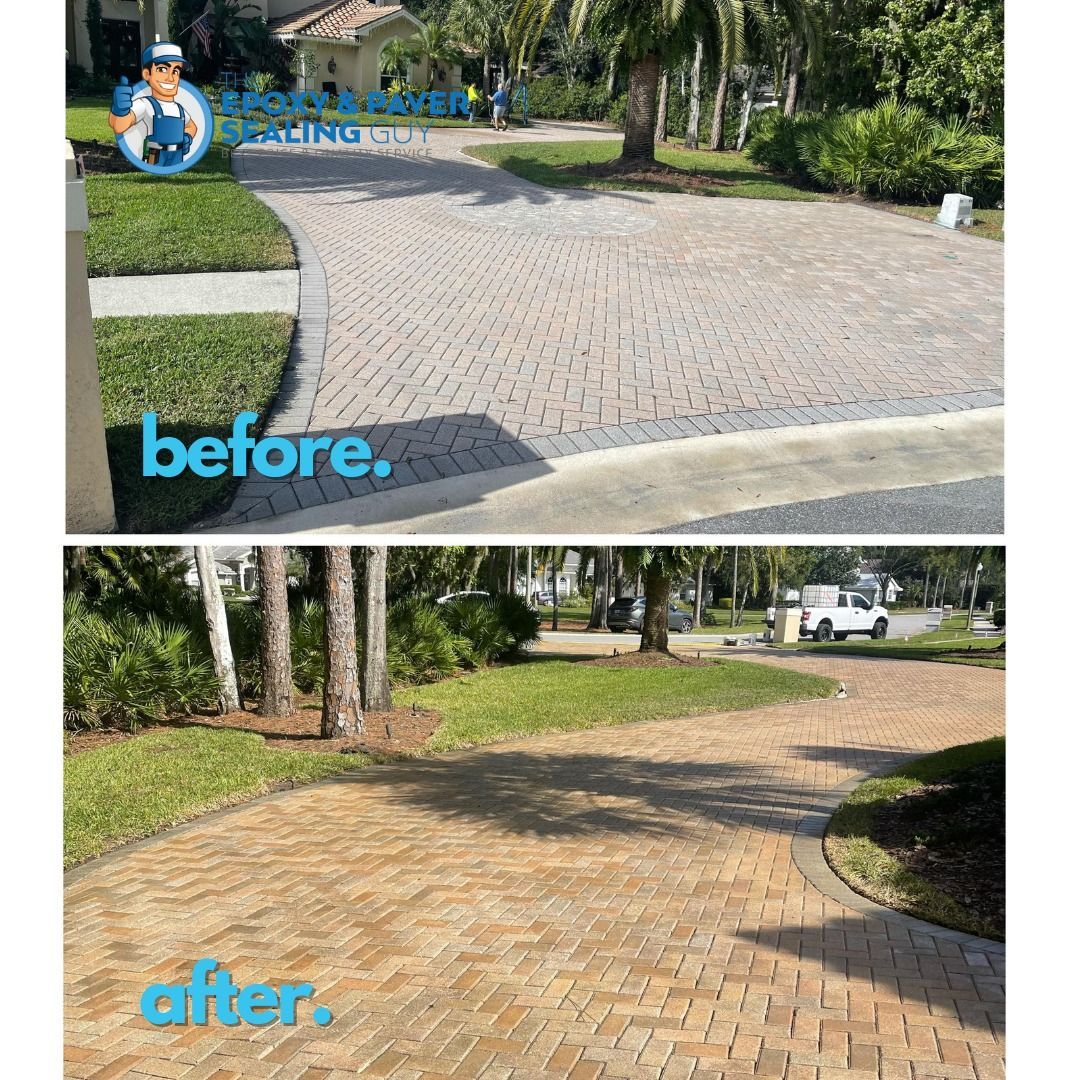Before and after images of a brick driveway cleaned by a service.