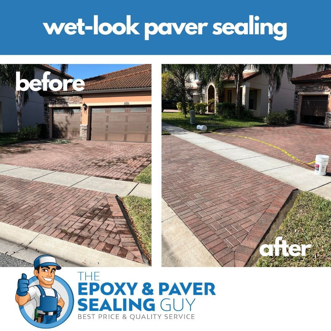 Before-and-after comparison of paver sealing, showing a driveway transformed to a wet-look appearance.